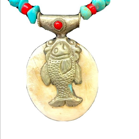 Turquoise/Red Coral Necklace, Reversible Silver Fish+Sea Turtle, Bone Pendant. - Picture 2 of 6
